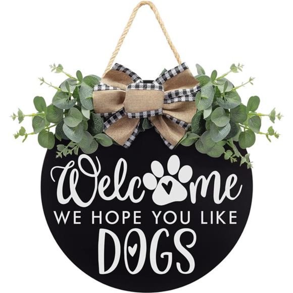 Welcome We Hope You Like Dogs Door Sign with Eucalyptus Leaves & Buffalo Bow - Picture 1 of 7